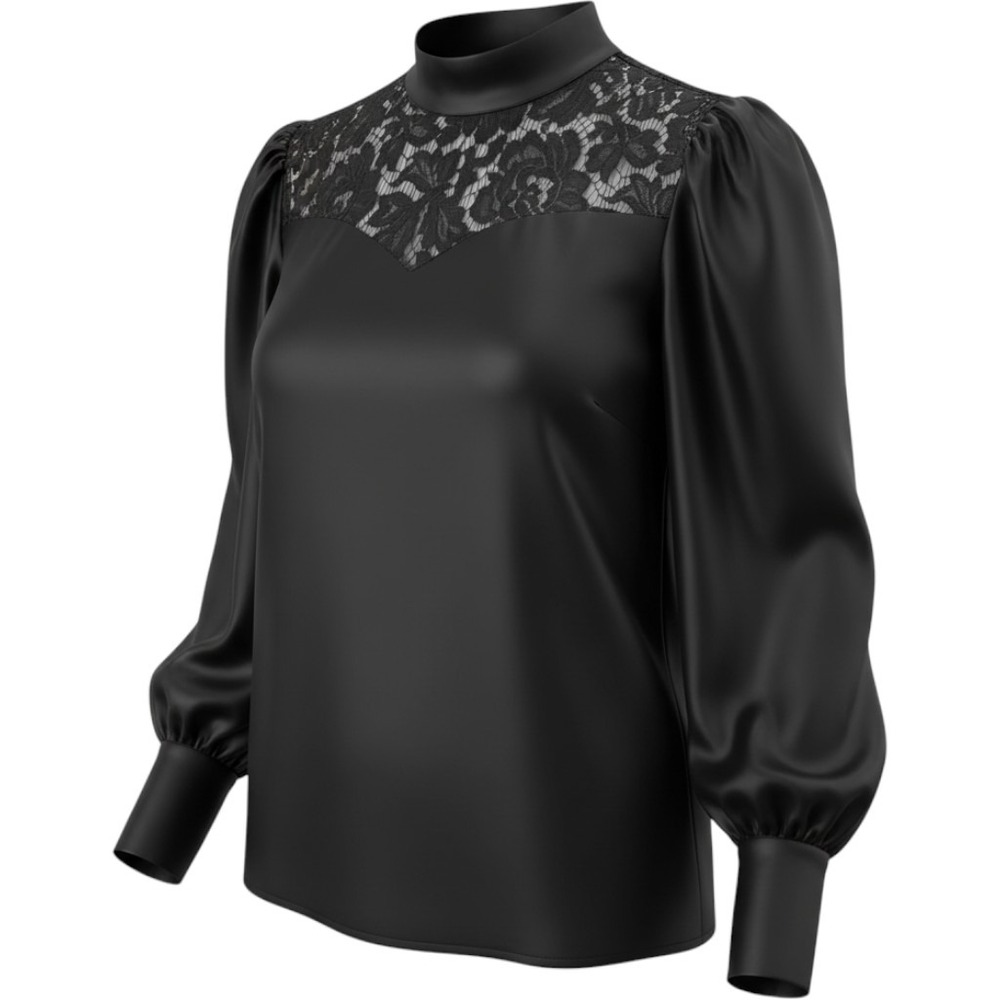 Nicole Miller Large Black Satin Mock Neck Lace Yoke Puff Sleeve Blouse Goth Chic